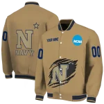 personalized navy midshipmen claw effect beige varsity jacket best selling