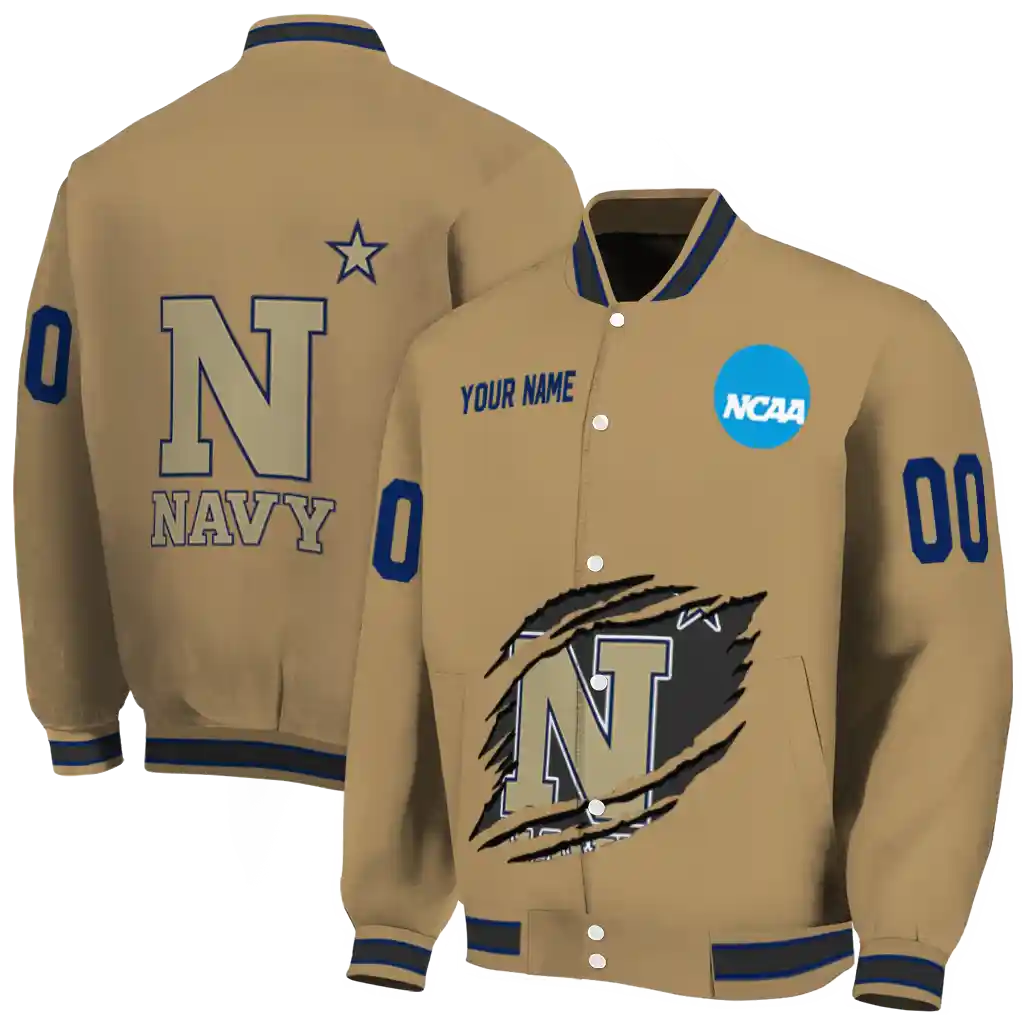 personalized navy midshipmen claw effect beige varsity jacket fashion forward personalized navy midshipmen claw effect beige varsity jacket fashion forward