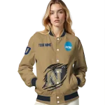 personalized navy midshipmen claw effect beige varsity jacket best selling