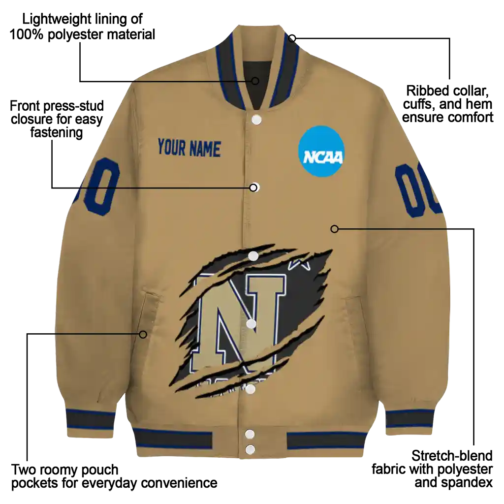 personalized navy midshipmen claw effect beige varsity jacket new arrival personalized navy midshipmen claw effect beige varsity jacket new arrival
