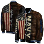 personalized navy midshipmen flag wood brown varsity jacket best selling