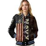 personalized navy midshipmen flag wood brown varsity jacket best selling