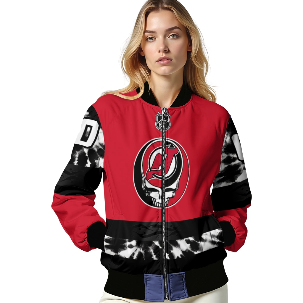 personalized new jersey devils skull stripe red black bomber jacket latest model personalized new jersey devils skull stripe red black bomber jacket latest model