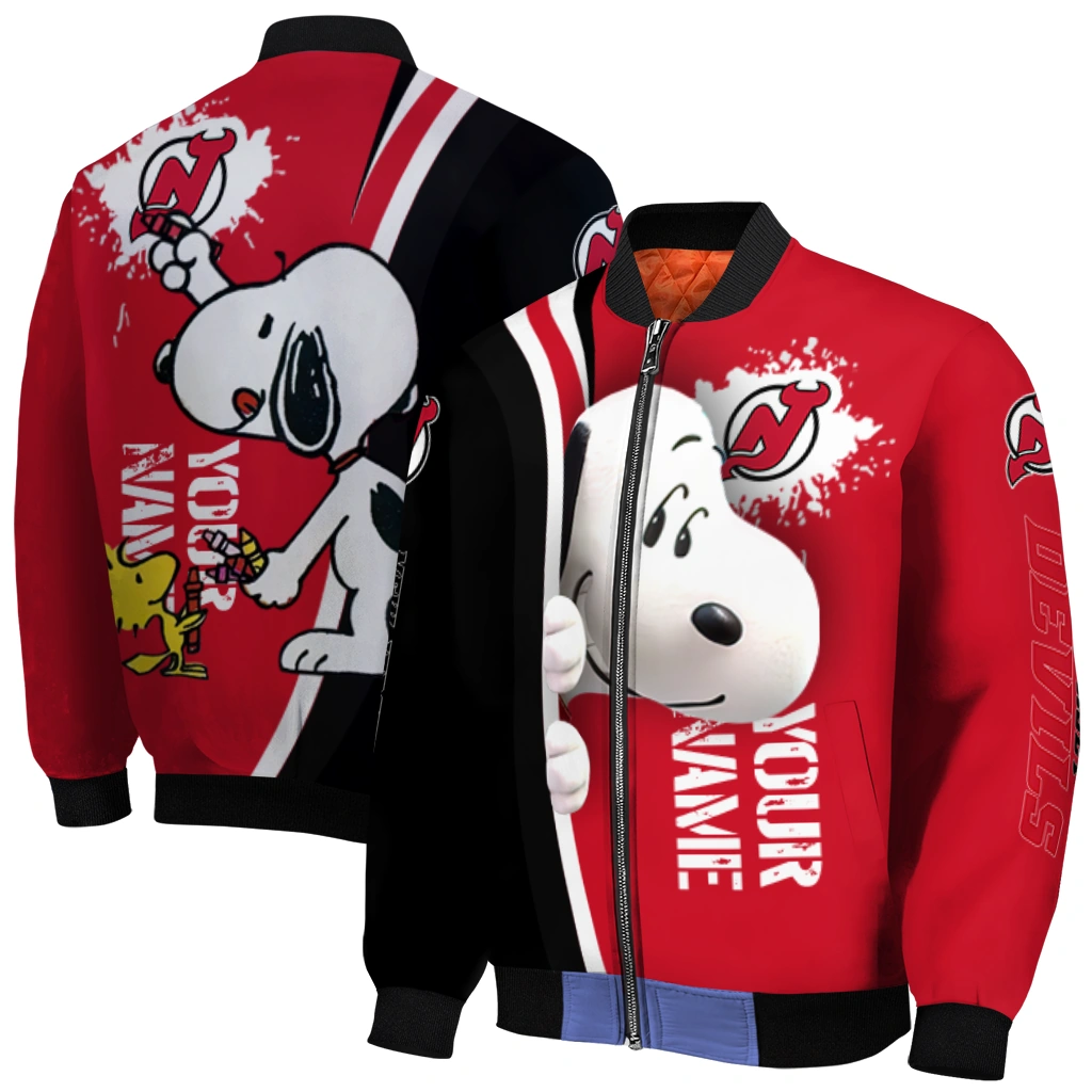 personalized new jersey devils snoopy head red bomber jacket best selling personalized new jersey devils snoopy head red bomber jacket best selling