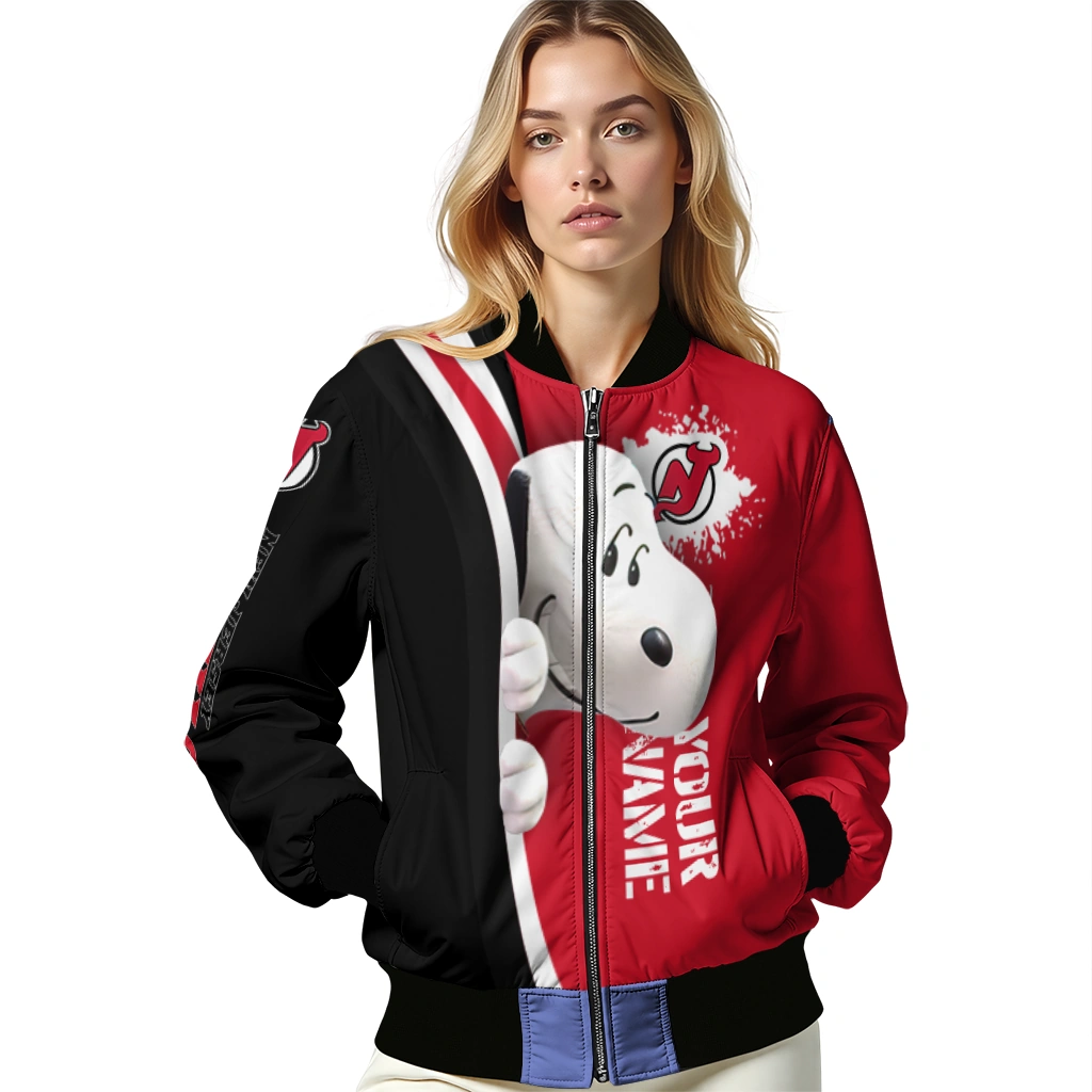 personalized new jersey devils snoopy head red bomber jacket latest model personalized new jersey devils snoopy head red bomber jacket latest model