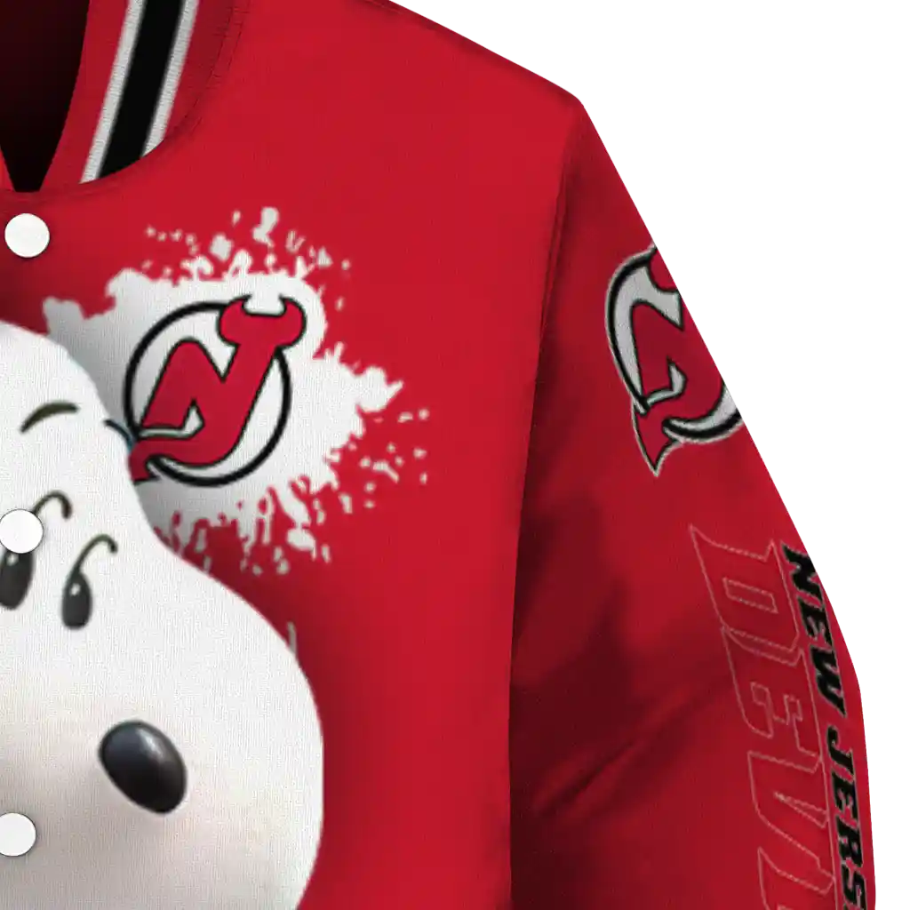 personalized new jersey devils snoopy head red varsity jacket premium grade personalized new jersey devils snoopy head red varsity jacket premium grade