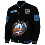 personalized new york islanders claw cut black varsity jacket best selling