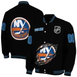 personalized new york islanders claw cut black varsity jacket best selling