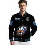 personalized new york islanders claw cut black varsity jacket best selling