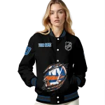 personalized new york islanders claw cut black varsity jacket best selling