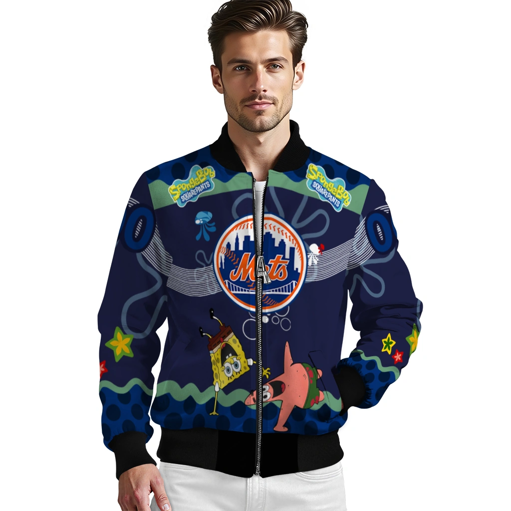 personalized new york mets spongebob playtime blue bomber jacket high quality personalized new york mets spongebob playtime blue bomber jacket high quality