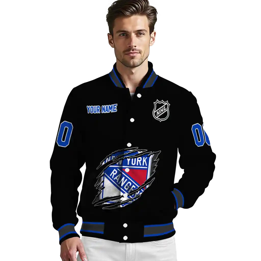 personalized new york rangers claw cut black varsity jacket high quality personalized new york rangers claw cut black varsity jacket high quality
