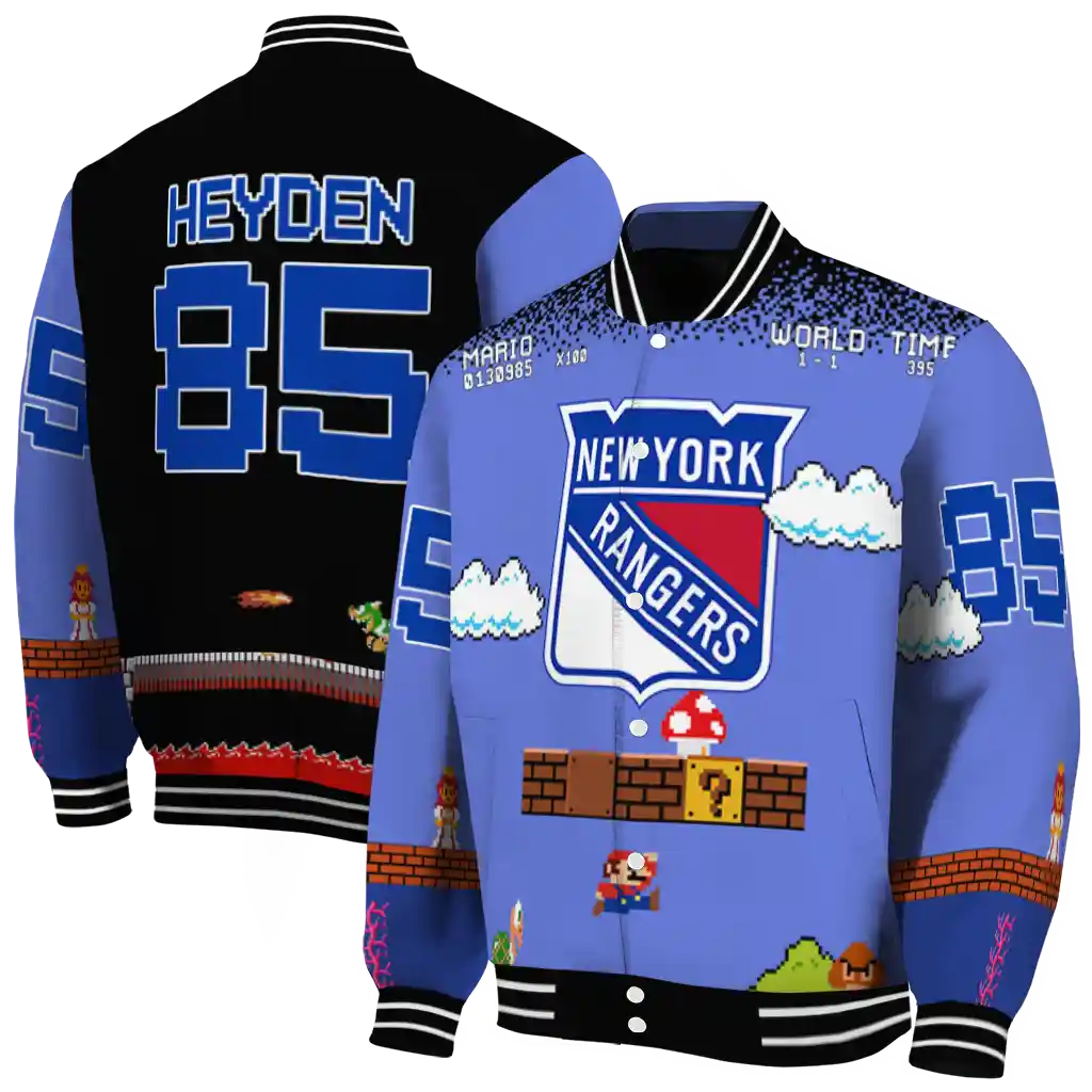 personalized new york rangers mario blocks blue black varsity jacket fashion forward personalized new york rangers mario blocks blue black varsity jacket fashion forward