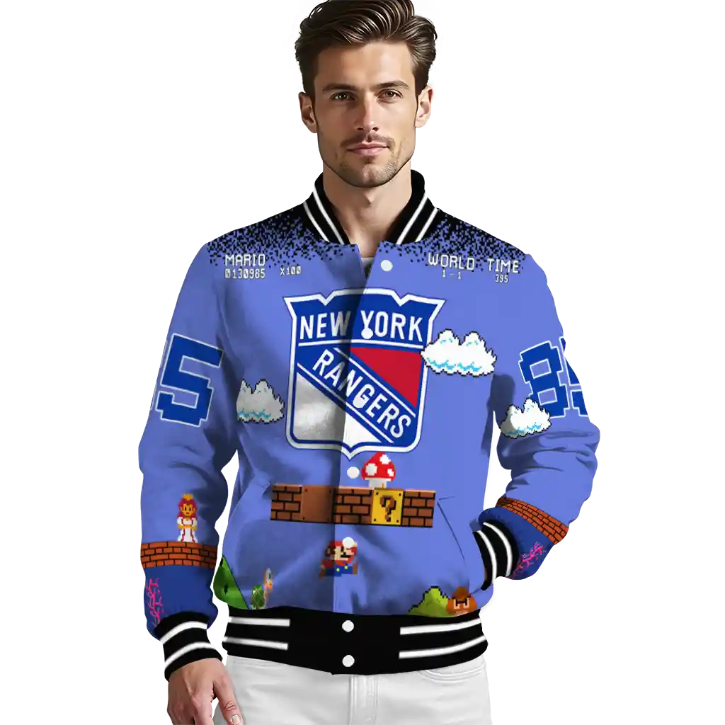 personalized new york rangers mario blocks blue black varsity jacket high quality personalized new york rangers mario blocks blue black varsity jacket high quality