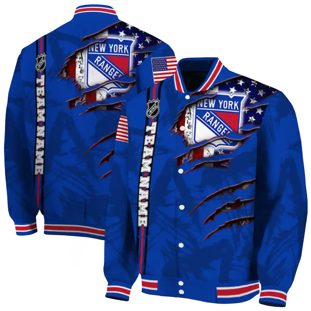 personalized new york rangers usa flag rips blue varsity jacket fashion forward personalized new york rangers usa flag rips blue varsity jacket fashion forward
