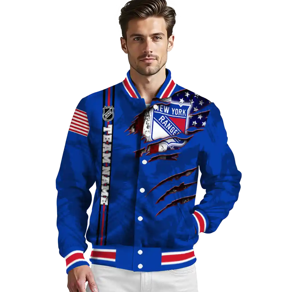 personalized new york rangers usa flag rips blue varsity jacket high quality personalized new york rangers usa flag rips blue varsity jacket high quality