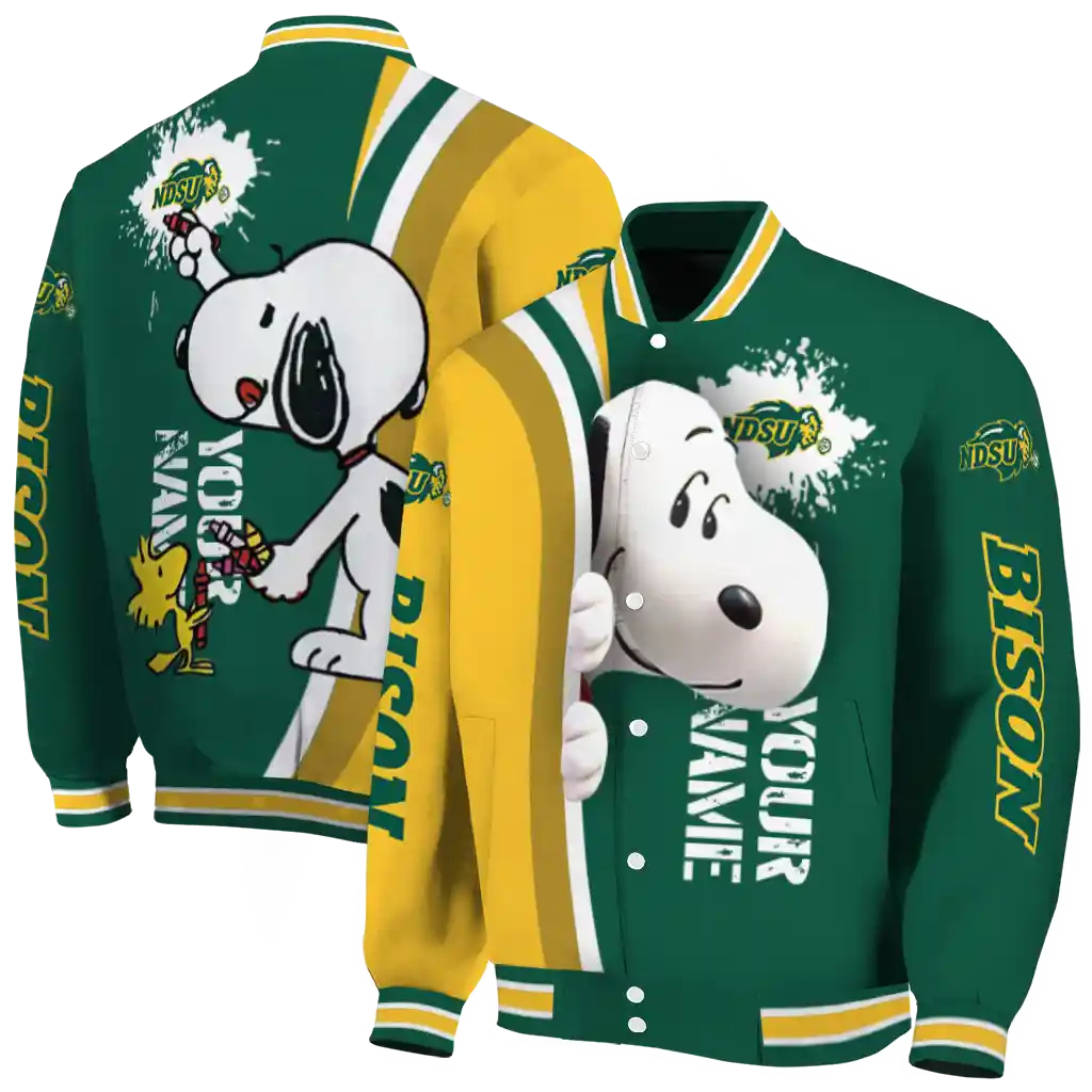 personalized north dakota state bison snoopy head green varsity jacket fashion forward personalized north dakota state bison snoopy head green varsity jacket fashion forward