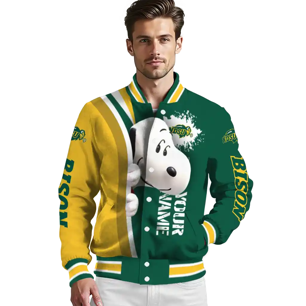 personalized north dakota state bison snoopy head green varsity jacket high quality personalized north dakota state bison snoopy head green varsity jacket high quality