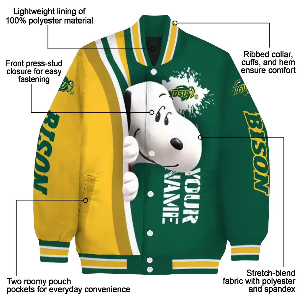 personalized north dakota state bison snoopy head green varsity jacket new arrival personalized north dakota state bison snoopy head green varsity jacket new arrival