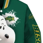personalized north dakota state bison snoopy head green varsity jacket best selling