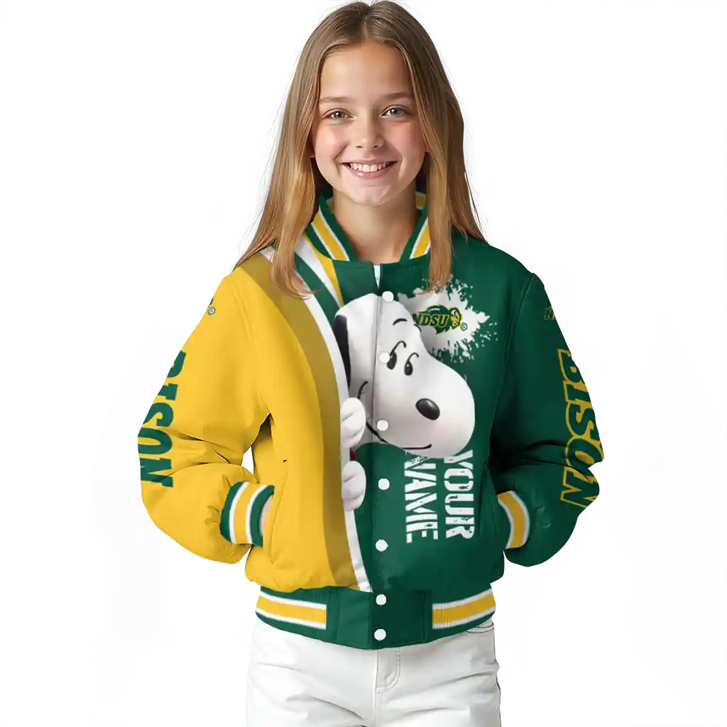 personalized north dakota state bison snoopy head green varsity jacket top rated personalized north dakota state bison snoopy head green varsity jacket top rated