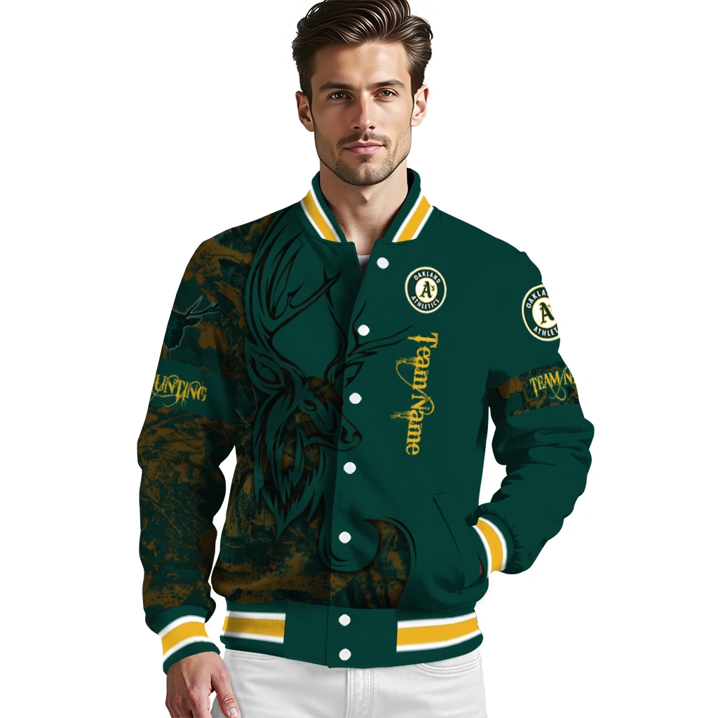 personalized oakland athletics tribal deer art green varsity jacket high quality personalized oakland athletics tribal deer art green varsity jacket high quality
