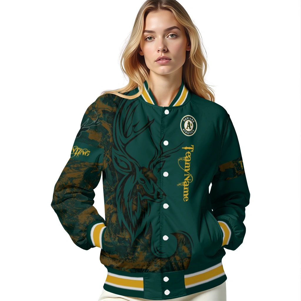 personalized oakland athletics tribal deer art green varsity jacket latest model personalized oakland athletics tribal deer art green varsity jacket latest model