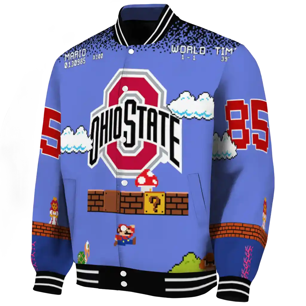 personalized ohio state buckeyes mario blocks blue black varsity jacket best selling personalized ohio state buckeyes mario blocks blue black varsity jacket best selling