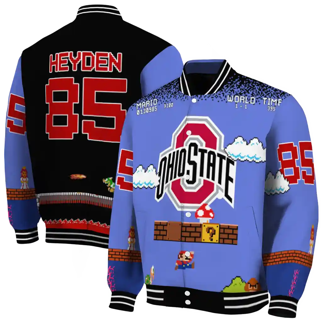 personalized ohio state buckeyes mario blocks blue black varsity jacket fashion forward personalized ohio state buckeyes mario blocks blue black varsity jacket fashion forward