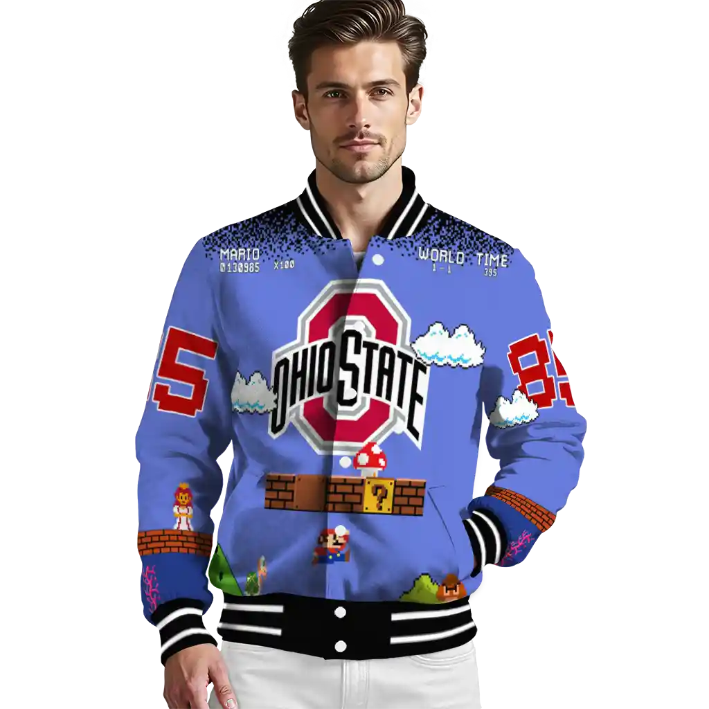 personalized ohio state buckeyes mario blocks blue black varsity jacket high quality personalized ohio state buckeyes mario blocks blue black varsity jacket high quality