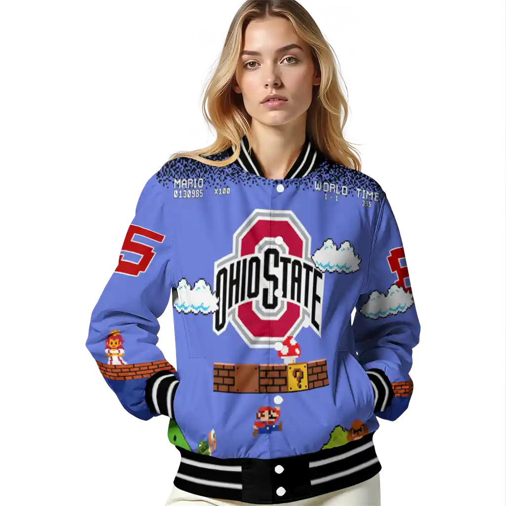 personalized ohio state buckeyes mario blocks blue black varsity jacket latest model personalized ohio state buckeyes mario blocks blue black varsity jacket latest model