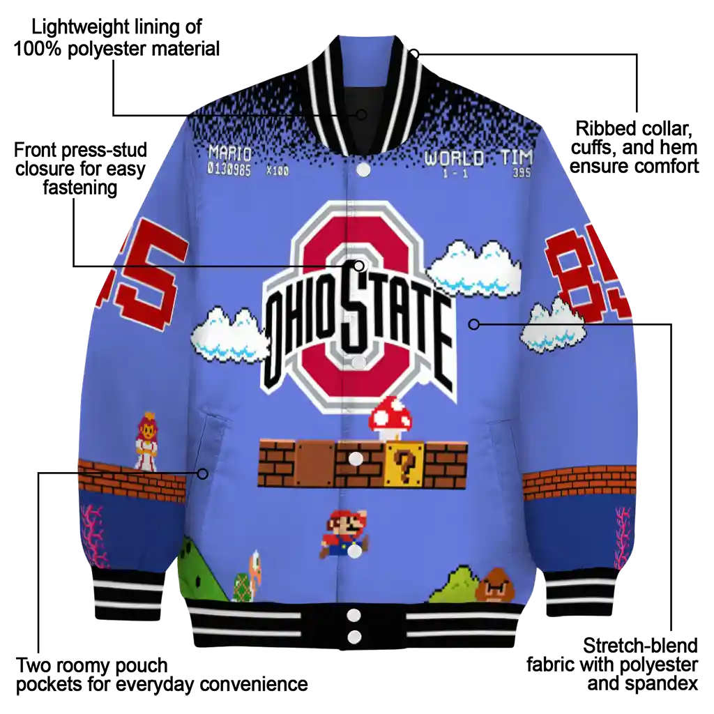personalized ohio state buckeyes mario blocks blue black varsity jacket new arrival personalized ohio state buckeyes mario blocks blue black varsity jacket new arrival
