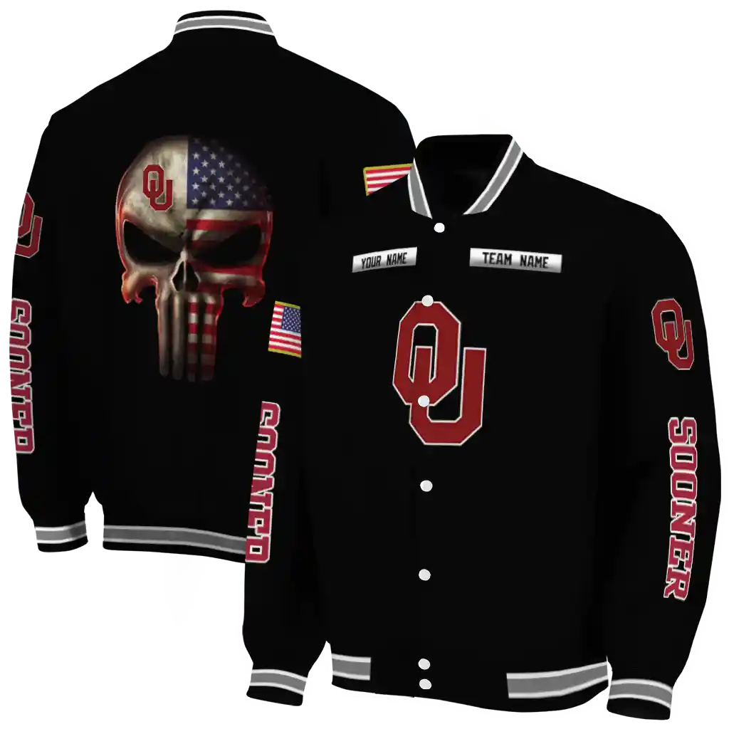 personalized oklahoma sooners american flag skull black varsity jacket fashion forward personalized oklahoma sooners american flag skull black varsity jacket fashion forward