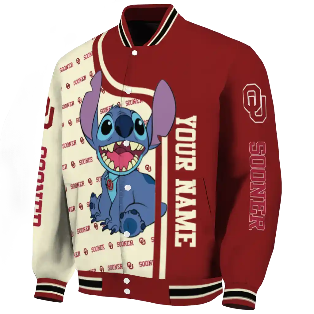 personalized oklahoma sooners stitch laughing crimson varsity jacket best selling personalized oklahoma sooners stitch laughing crimson varsity jacket best selling