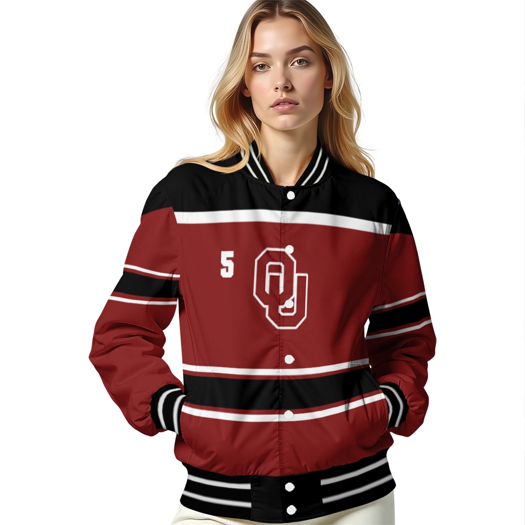 personalized oklahoma sooners stripe statement crimson black varsity jacket latest model personalized oklahoma sooners stripe statement crimson black varsity jacket latest model
