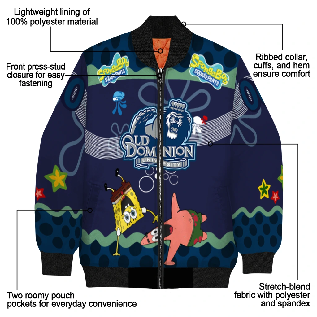 personalized old dominion monarchs spongebob playtime blue bomber jacket new arrival personalized old dominion monarchs spongebob playtime blue bomber jacket new arrival