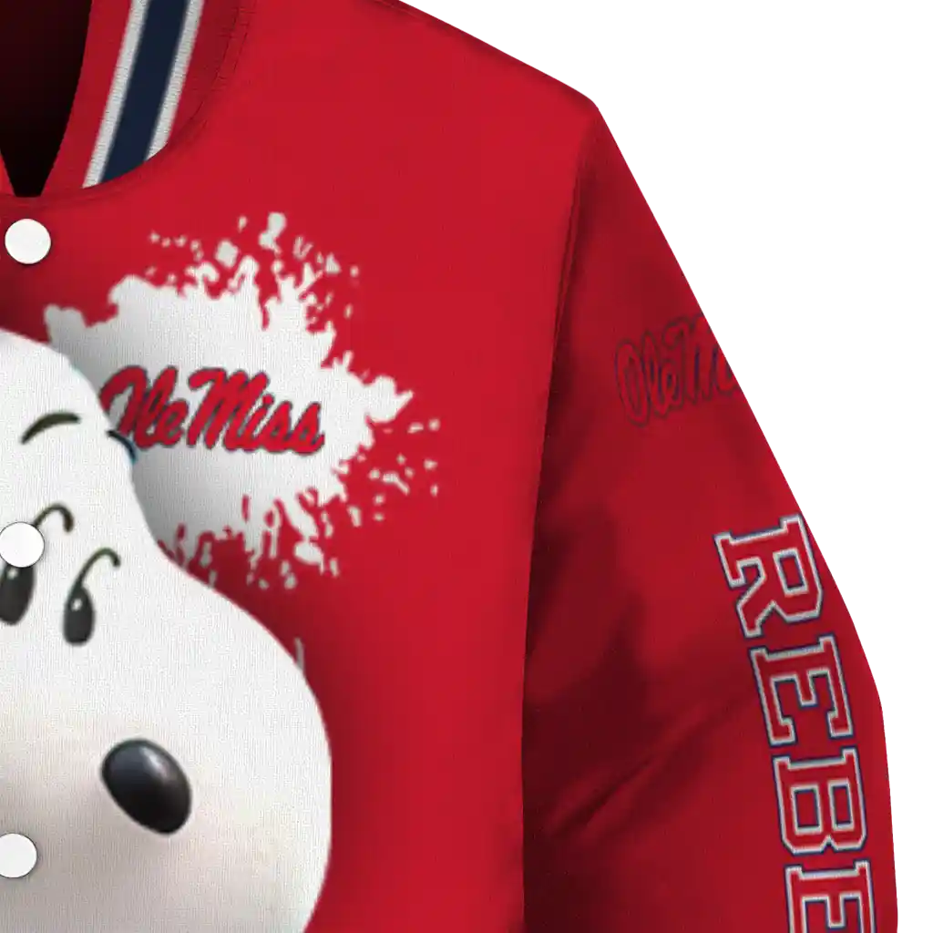 personalized ole miss rebels snoopy head red varsity jacket premium grade personalized ole miss rebels snoopy head red varsity jacket premium grade