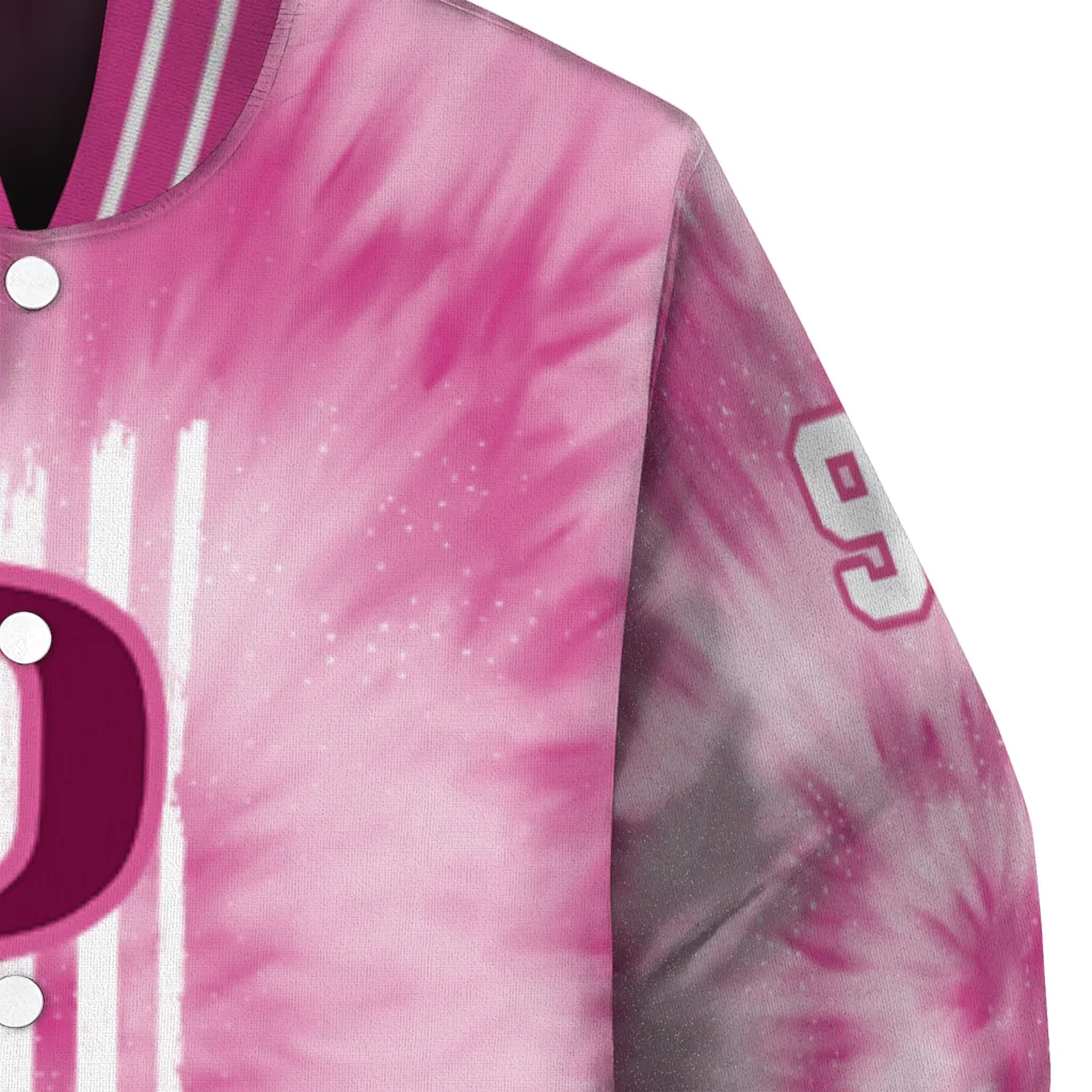 personalized oregon ducks pink tie dye pink varsity jacket premium grade personalized oregon ducks pink tie dye pink varsity jacket premium grade