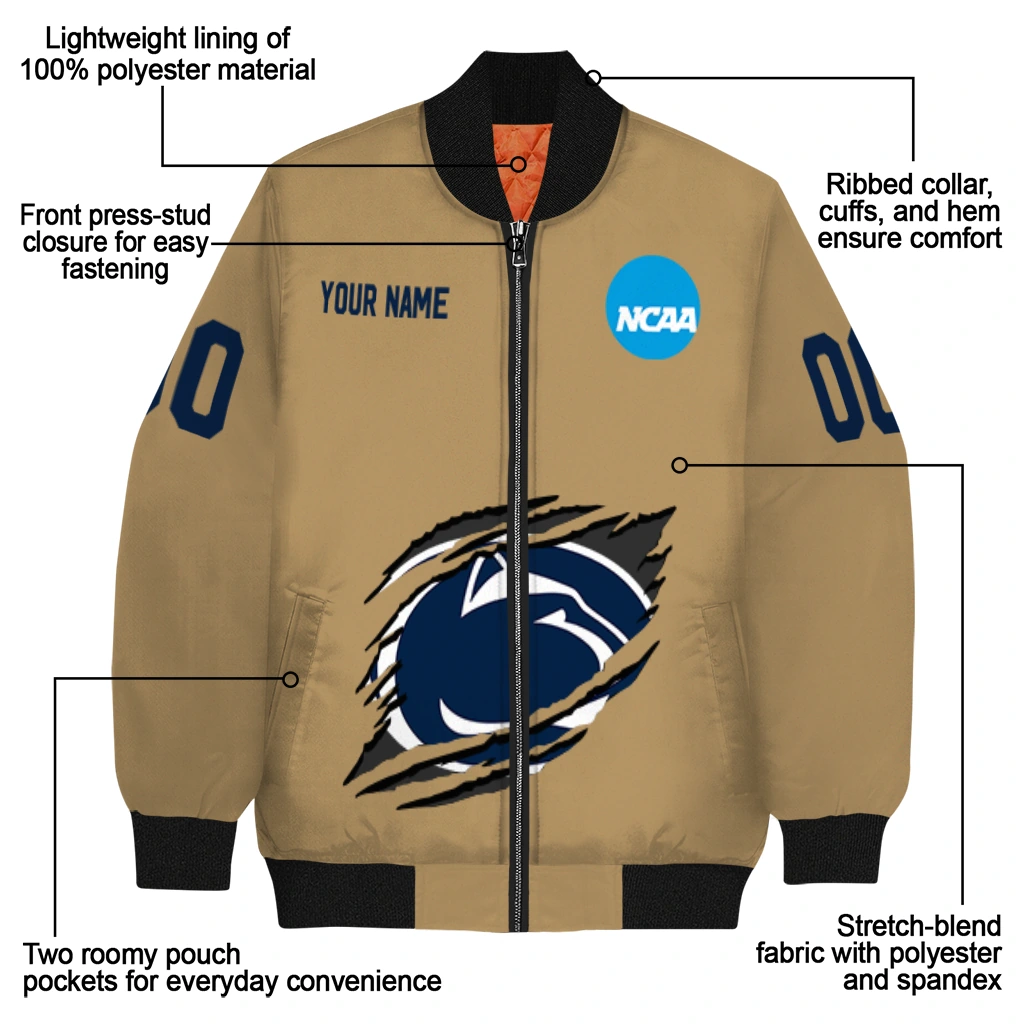 personalized penn state nittany lions claw effect beige bomber jacket new arrival personalized penn state nittany lions claw effect beige bomber jacket new arrival