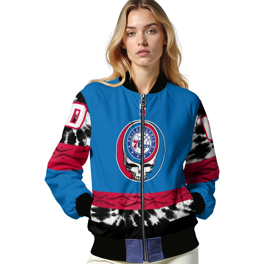 personalized philadelphia 76ers skull emblem blue black bomber jacket latest model personalized philadelphia 76ers skull emblem blue black bomber jacket latest model