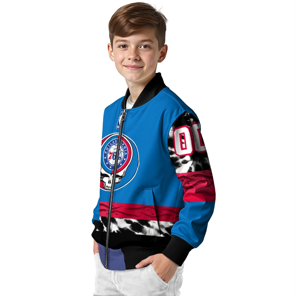 personalized philadelphia 76ers skull emblem blue black bomber jacket trendy personalized philadelphia 76ers skull emblem blue black bomber jacket trendy
