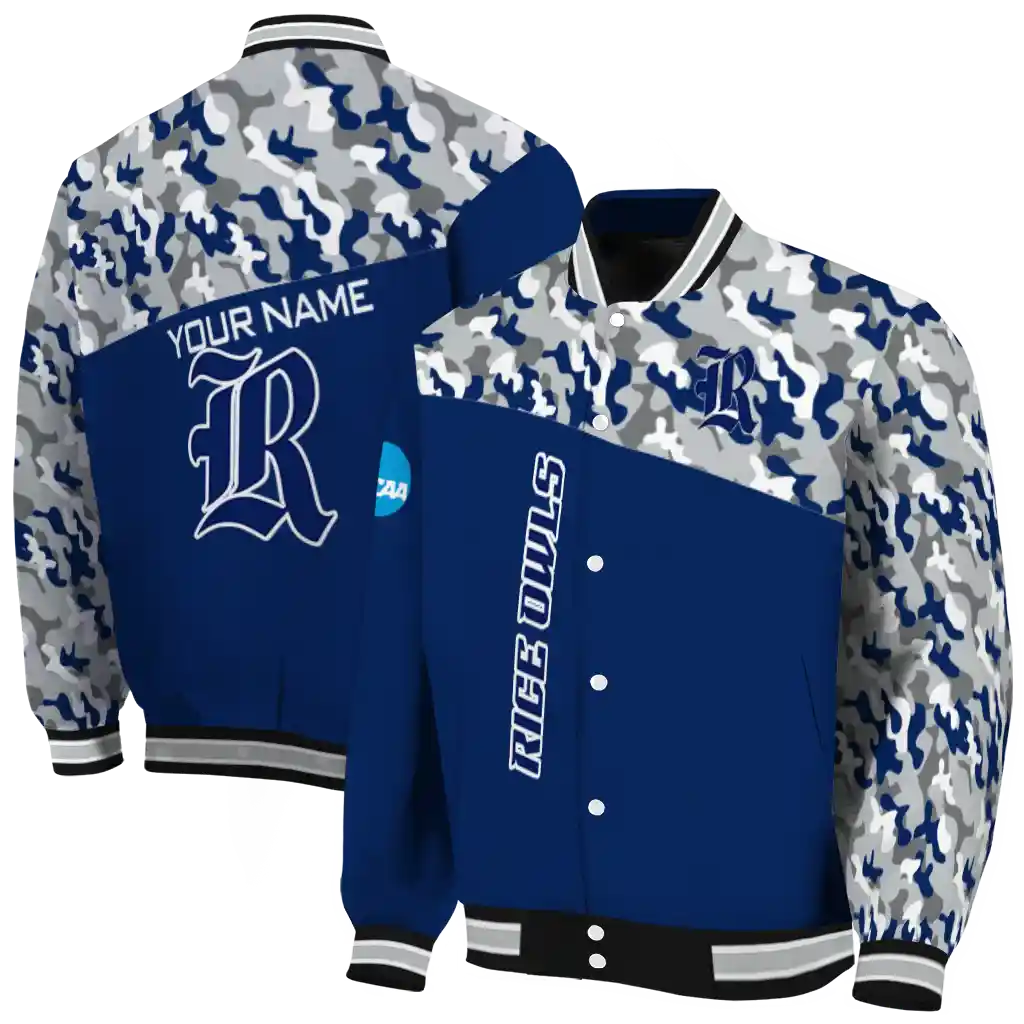 personalized rice owls camouflage splash navy blue varsity jacket fashion forward personalized rice owls camouflage splash navy blue varsity jacket fashion forward