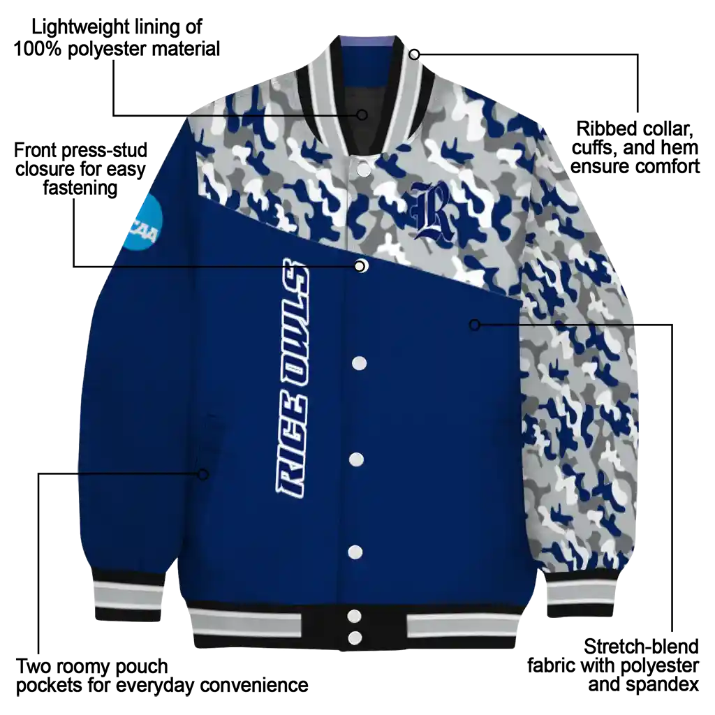 personalized rice owls camouflage splash navy blue varsity jacket new arrival personalized rice owls camouflage splash navy blue varsity jacket new arrival