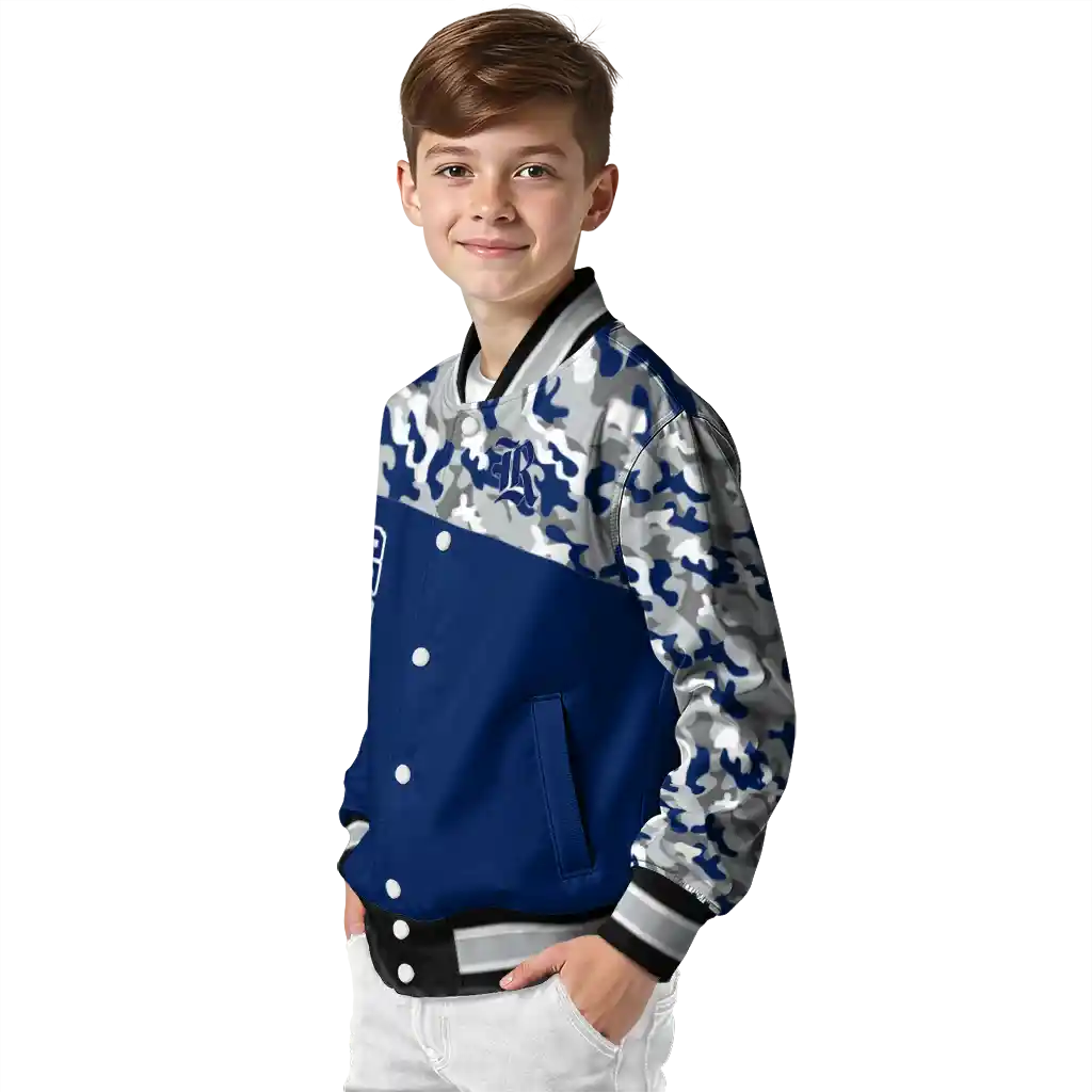 personalized rice owls camouflage splash navy blue varsity jacket trendy personalized rice owls camouflage splash navy blue varsity jacket trendy