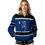 personalized rice owls stripe statement navy blue black varsity jacket best selling
