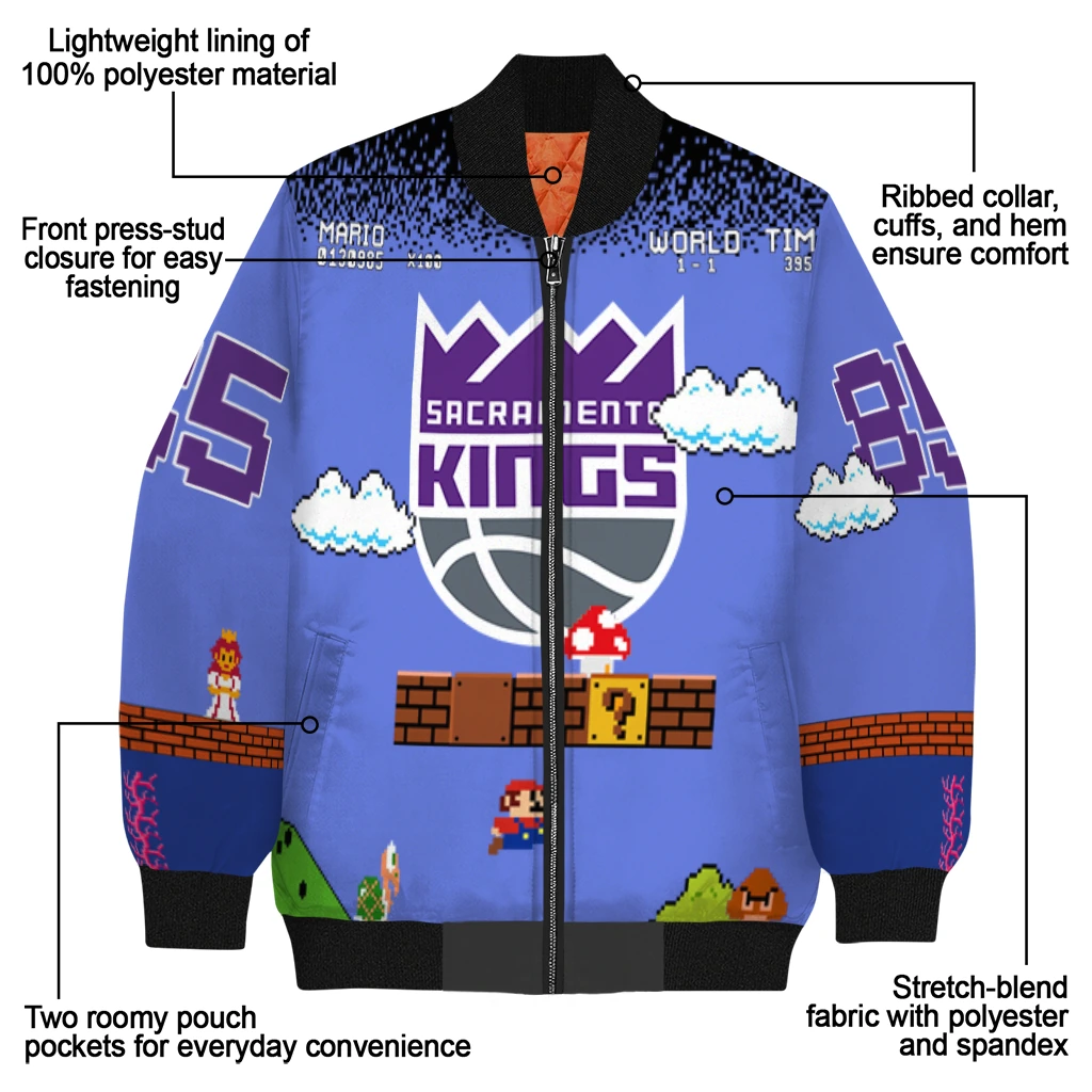 personalized sacramento kings mario blocks blue black bomber jacket new arrival personalized sacramento kings mario blocks blue black bomber jacket new arrival