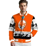personalized sam houston bearkats circle skull orange black varsity jacket best selling