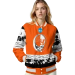 personalized sam houston bearkats circle skull orange black varsity jacket best selling