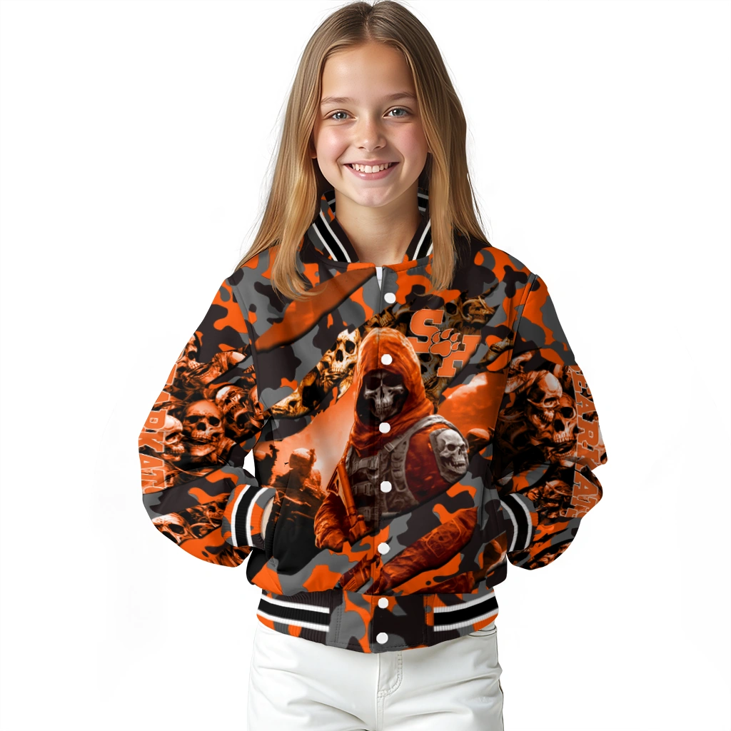 personalized sam houston bearkats skull horde orange varsity jacket top rated personalized sam houston bearkats skull horde orange varsity jacket top rated