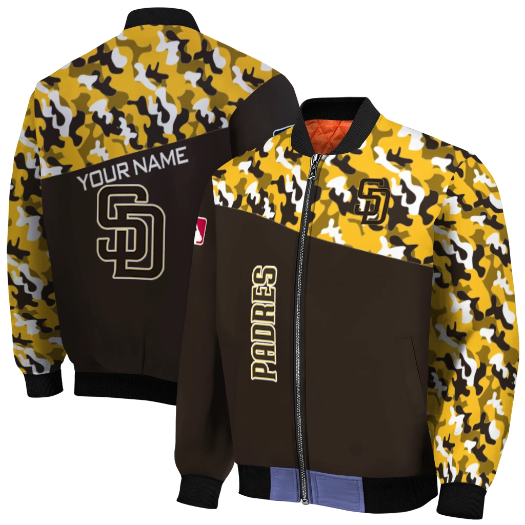 personalized san diego padres camouflage print brown bomber jacket best selling personalized san diego padres camouflage print brown bomber jacket best selling